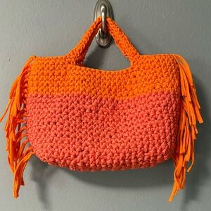 New Handwoven Crochet One of a Kind Orange and Coral Colorblock Tote Bag.